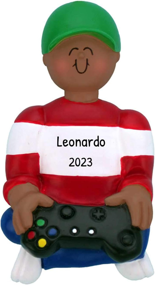 Personalized Video Game Ornaments 2024 - African American Boy Gamer Ornaments for Christmas Tree