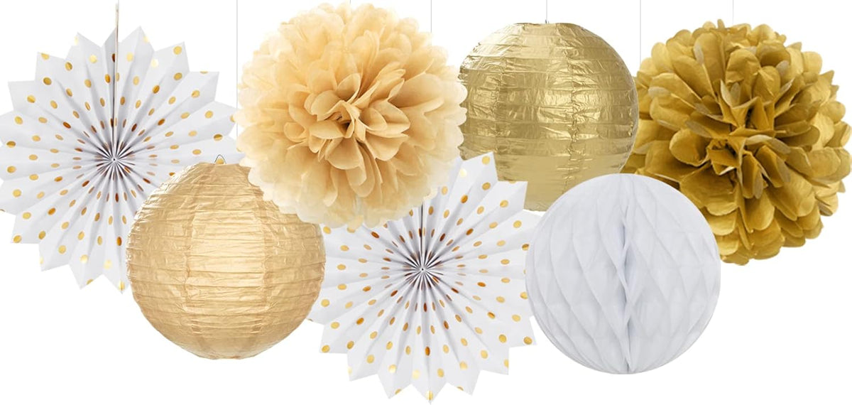 White Gold Party Decorations Streamers - 14pcs Christmas Wedding Engagement Paper Lanterns