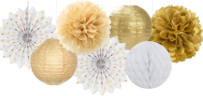 White Gold Party Decorations Streamers - 14pcs Christmas Wedding Engagement Paper Lanterns