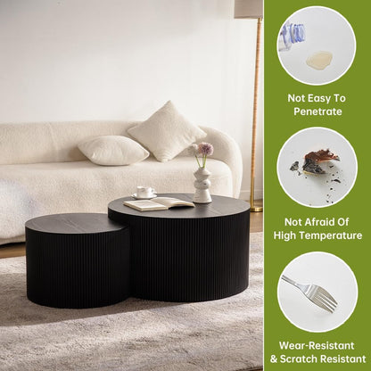 Round Nesting Coffee Table Modern Black Fluted Coffee Table Set of 2 Stripe Round Coffee Tables