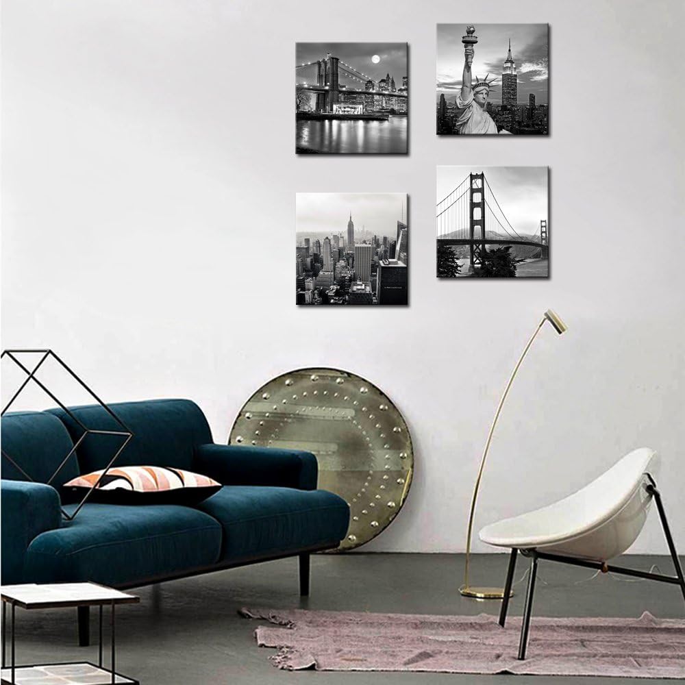 LevvArts Black and White City Wall Art Modern Brooklyn Bridge Picture Prints US Cityscape Canvas