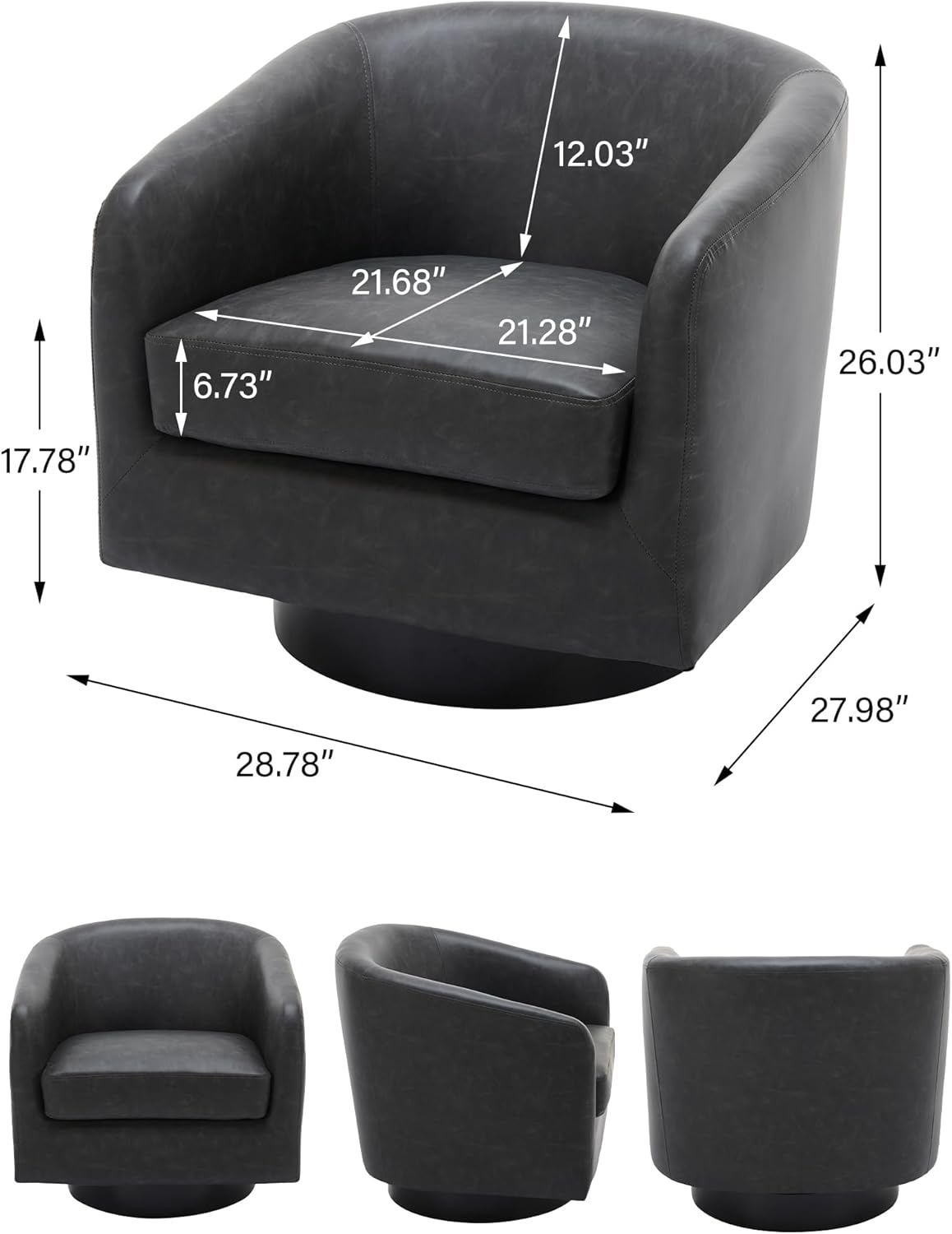 Swivel Barrel Accent Chair, Modern Round Faux Leather Arm Chair for Living Room, Bedroom, Comfy