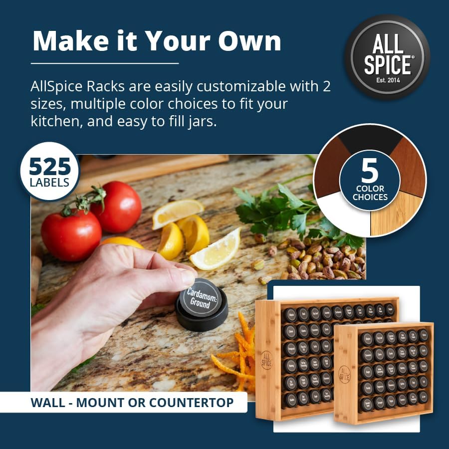 AllSpice Spice Rack Organizer, Wood, 525 Unique Labels, Countertop or Wall Mount, Includes 60 4oz