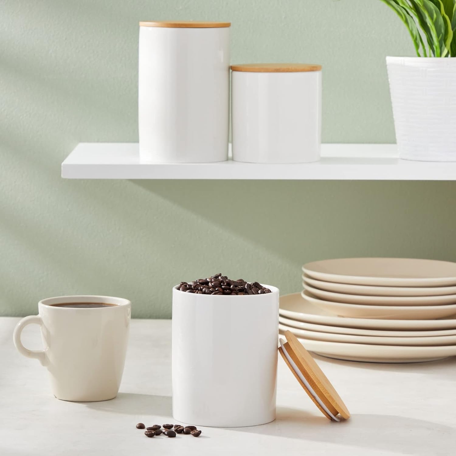 Farmlyn Creek Set of 3 White Ceramic Canisters with Airtight Wooden Bmaboo Lids - Kitchen Counter