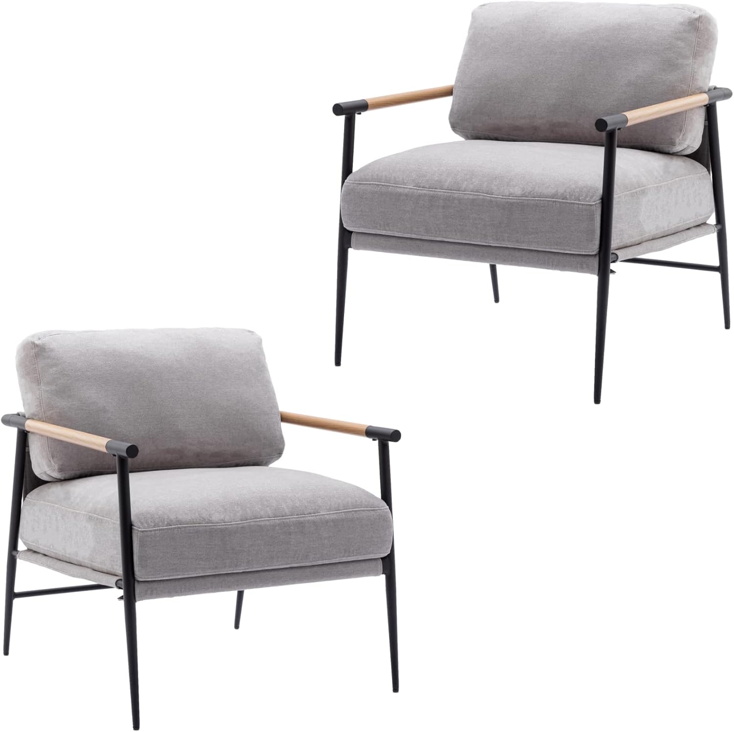 Mid-Century Accent Chair Set of 2, Soft Armchair Chenille Fabric Lounge Chair with Black Metal