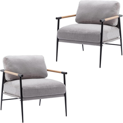 Mid-Century Accent Chair Set of 2, Soft Armchair Chenille Fabric Lounge Chair with Black Metal
