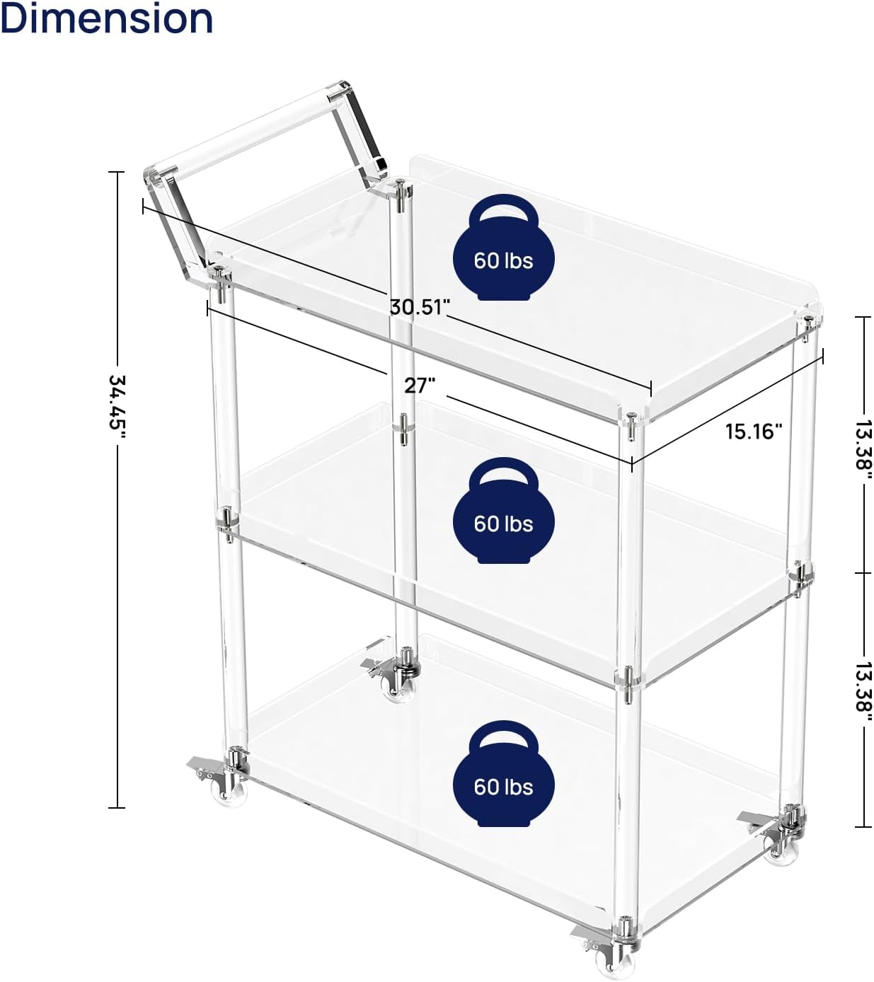 HMYHUM Acrylic Bar Cart with 4 Lockable Wheels, 30.5" L x 15.2" W x 34.5" H, Rolling Serving Cart