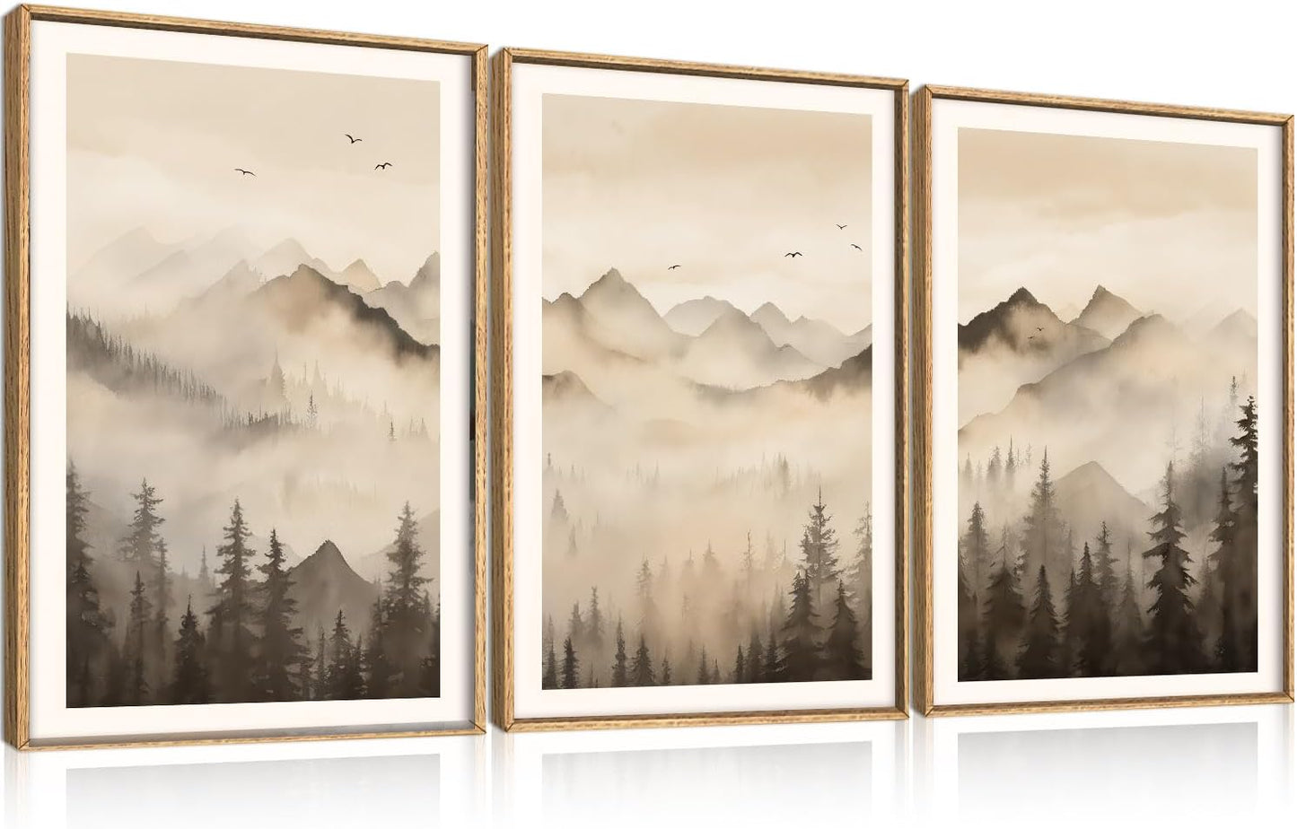 Celestdeco Nature Misty Forest Framed Canvas Wall Art Set, Foggy Landscape Wall Decor, Watercolor