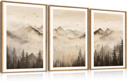 Celestdeco Nature Misty Forest Framed Canvas Wall Art Set, Foggy Landscape Wall Decor, Watercolor