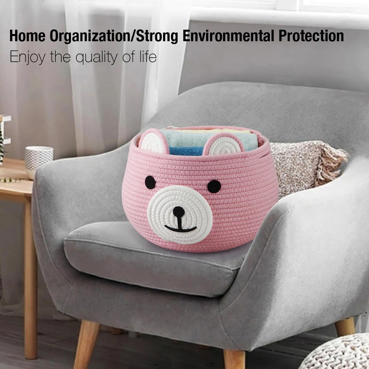 PandaEar Cotton Rope Baby Basket, Baby Gift Basket Nursery Laundry Organizer with Cute Bear Design