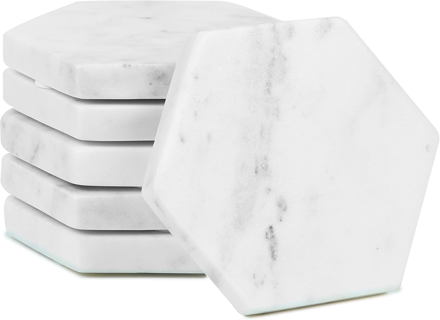 Set of 6 Hexagon Marble Coasters | White Decor for Modern Homes | Drink Coasters for Coffee Table