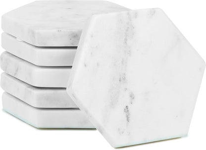 Set of 6 Hexagon Marble Coasters | White Decor for Modern Homes | Drink Coasters for Coffee Table