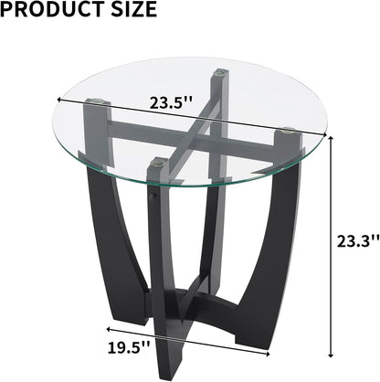 Glass End Table, 23.5" Round Side Tables with Tempered Glass Top Cross and Solid Wood Base Small