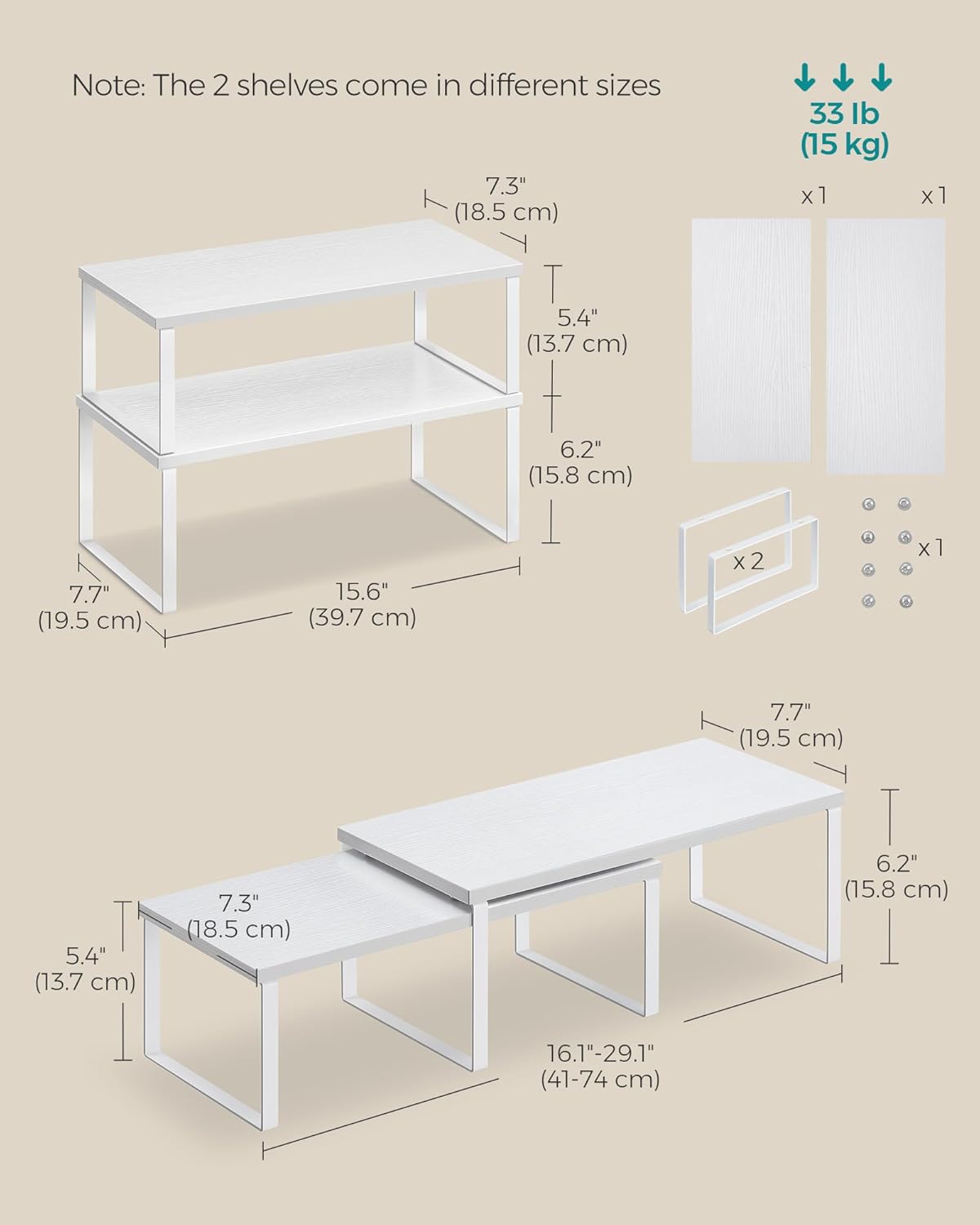 SONGMICS Cabinet Organizer Shelf, Set of 2 Kitchen Counter Shelves, Kitchen Storage, Spice Rack