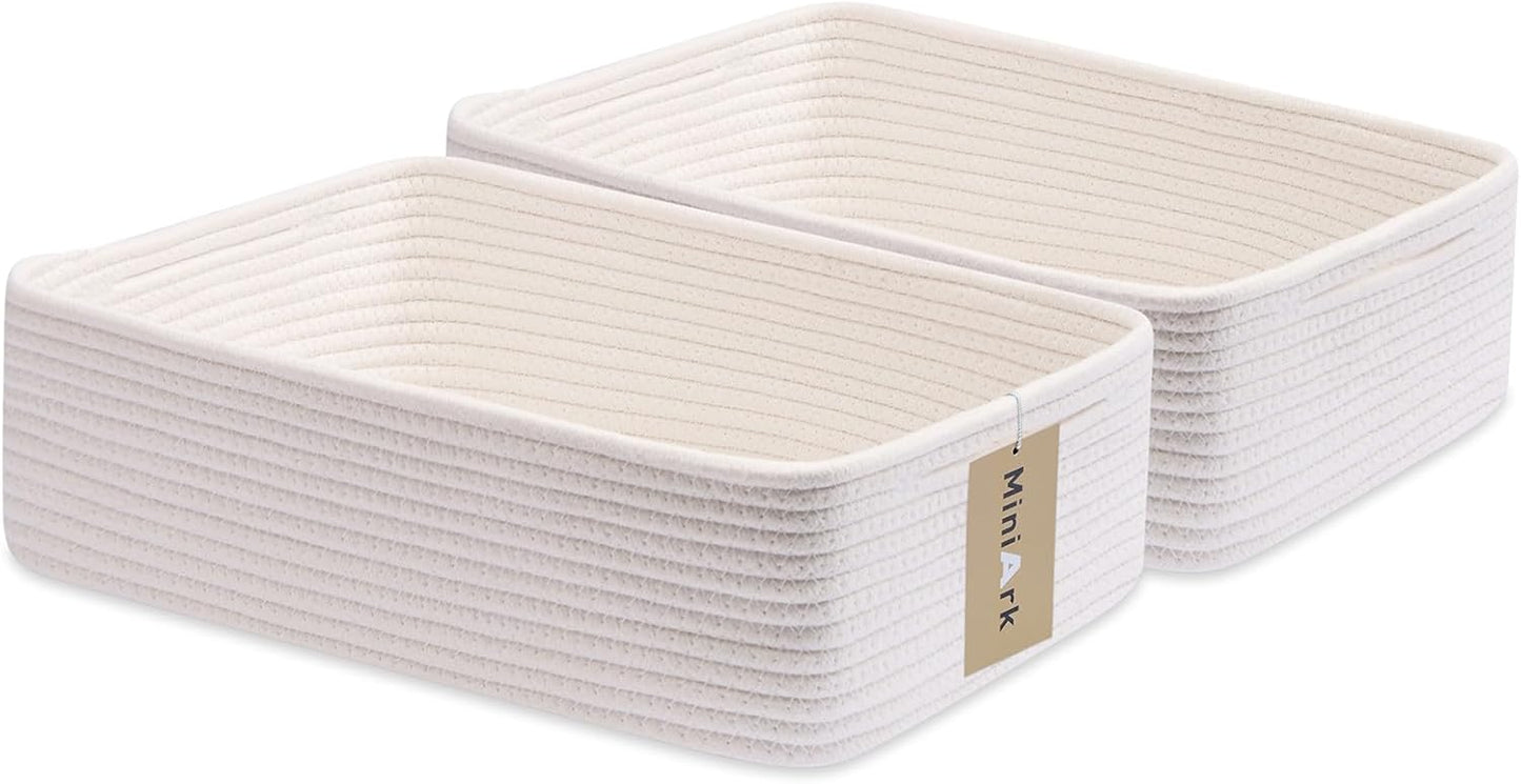 Large Shallow Organizing Baskets 15x11x5.1 Inches - Rope Woven Storage Bins for Bathroom, Shelves