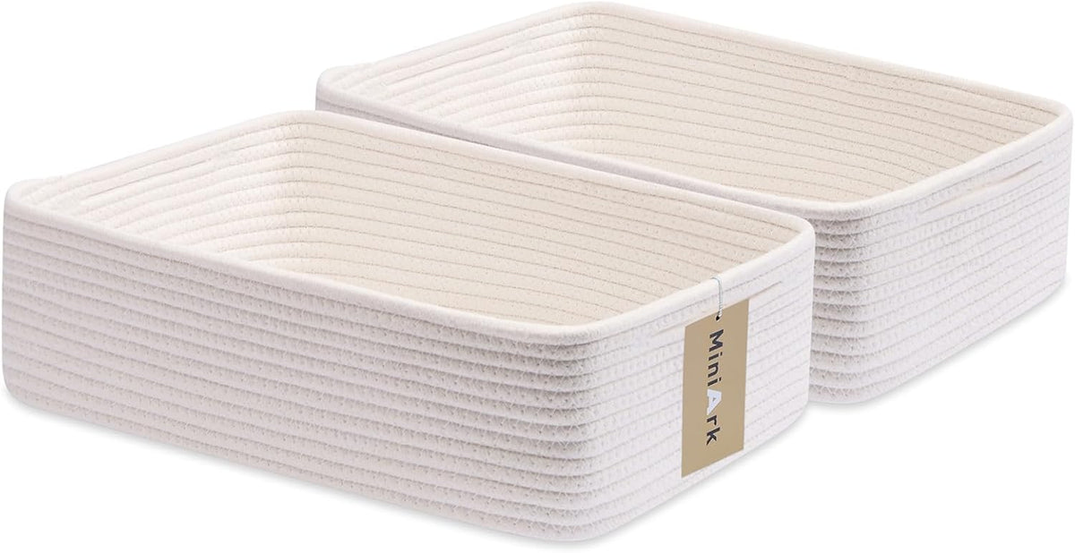 Large Shallow Organizing Baskets 15x11x5.1 Inches - Rope Woven Storage Bins for Bathroom, Shelves