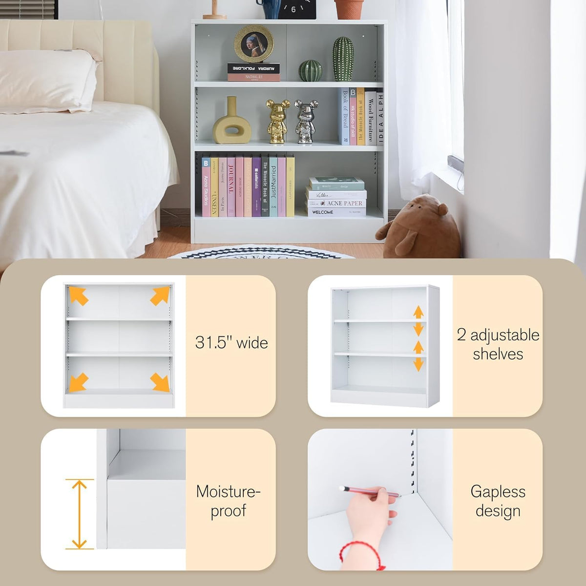 3-Tier Bookshelf with Adjustable Shelves, White Metal Space Saving Storage Shelf Bookcase, Small