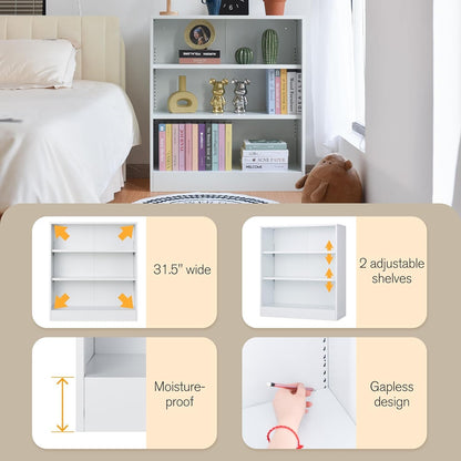 3-Tier Bookshelf with Adjustable Shelves, White Metal Space Saving Storage Shelf Bookcase, Small