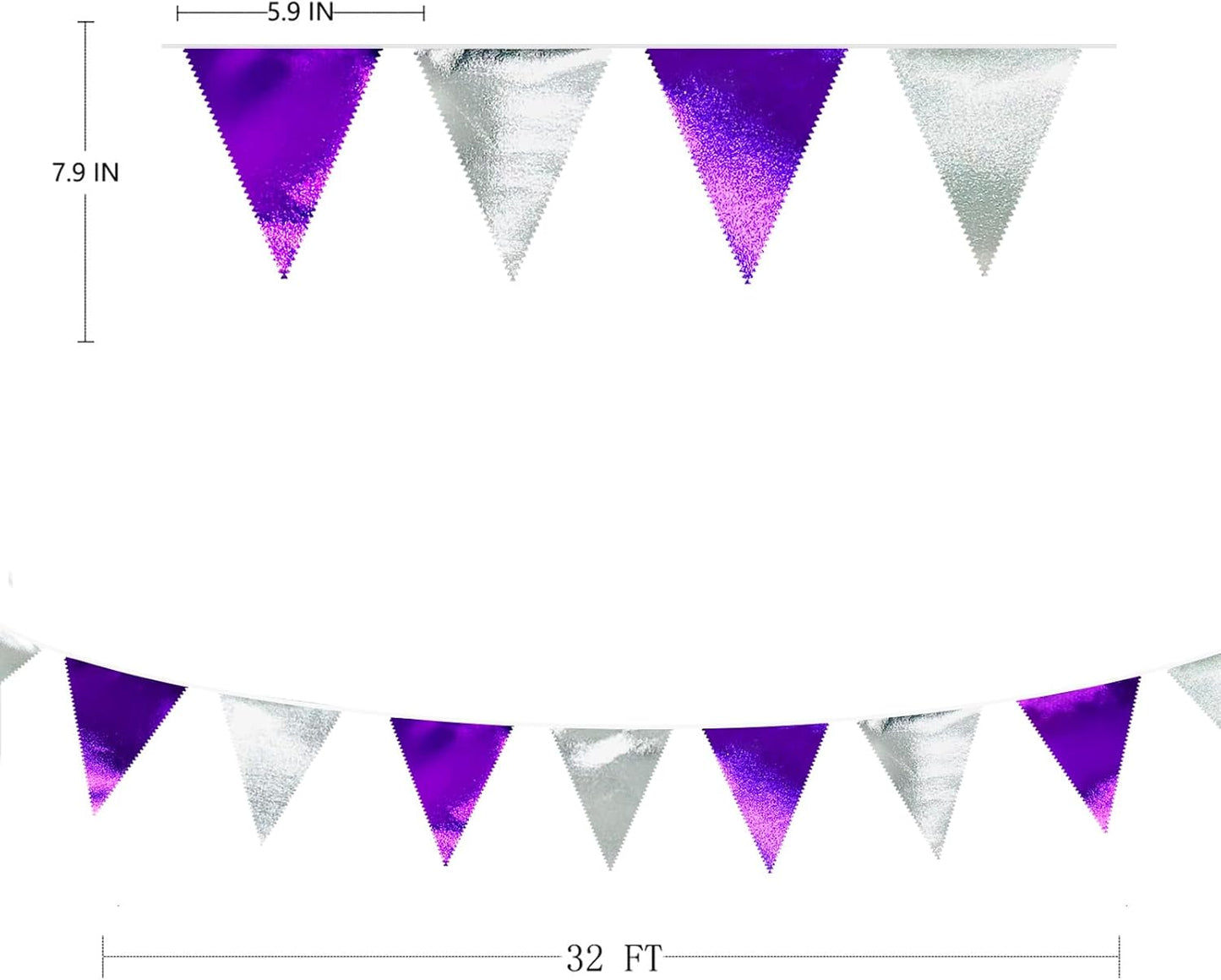 Purple and Silver Party Decorations Triangle Pennant Banner Flag Metallic Fabric Bunting Garland