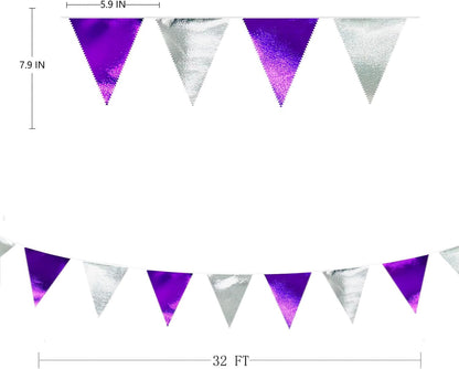 Purple and Silver Party Decorations Triangle Pennant Banner Flag Metallic Fabric Bunting Garland