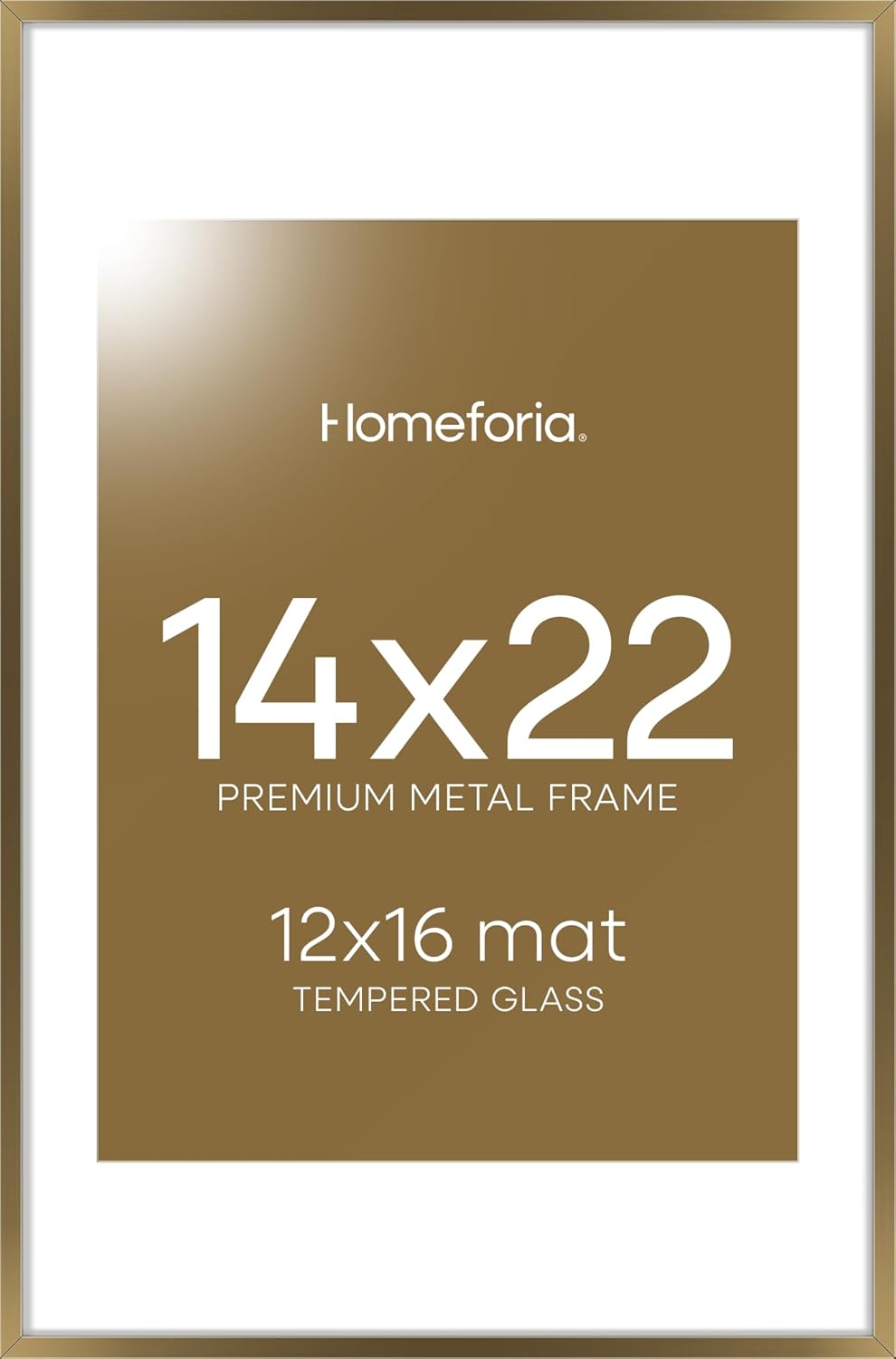 Homeforia 14x22 Picture Frame Bronze, High End Metal 14x22 Brass Poster Frames with Mat 12x16 for