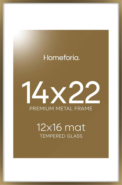 Homeforia 14x22 Picture Frame Bronze, High End Metal 14x22 Brass Poster Frames with Mat 12x16 for