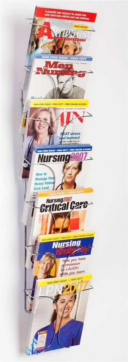 Displays2go Set of 2 - 7-Pocket Wire Magazine Rack with Vertically-Stacked Pockets, Wall Mounted