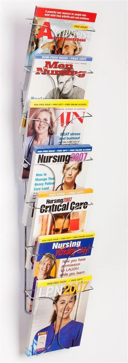 Displays2go Set of 2 - 7-Pocket Wire Magazine Rack with Vertically-Stacked Pockets, Wall Mounted