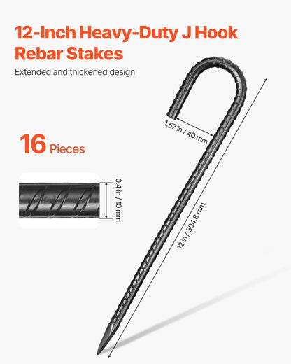 VEVOR Rebar Stakes, 12-Inch, Heavy-Duty 0.4 in Diameter J Hook, Galvanized Steel Ground Anchors