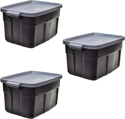 Rubbermaid Roughneck Tote 31 Gal, 3 Pack, Made in USA, Black & Gray, Rugged Plastic Stackable