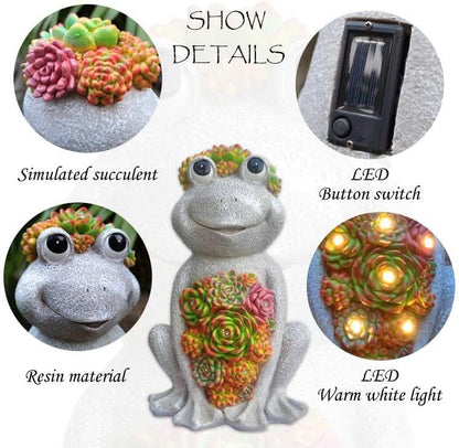 Large Frog Solar Garden Outdoor Statues with Succulent and 8 LED Lights,Outside Solar Frog Art
