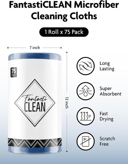 Fantasticlean Microfiber Cleaning Cloth Roll -75 Pack, Tear Away Microfiber Towels, 12" x 12"