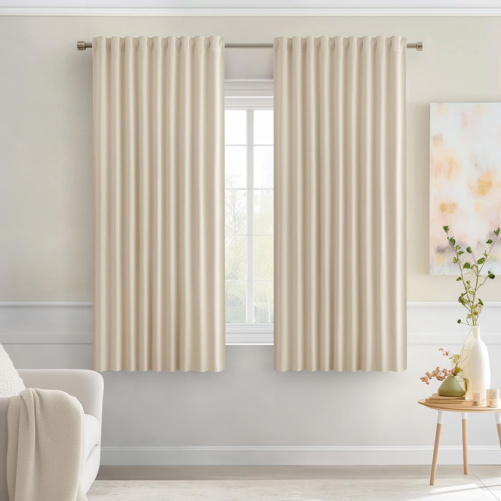 MIULEE Cream Beige Back Tab Light Blocking Curtains 54 Inches Long 2 Panels Set for Living Room