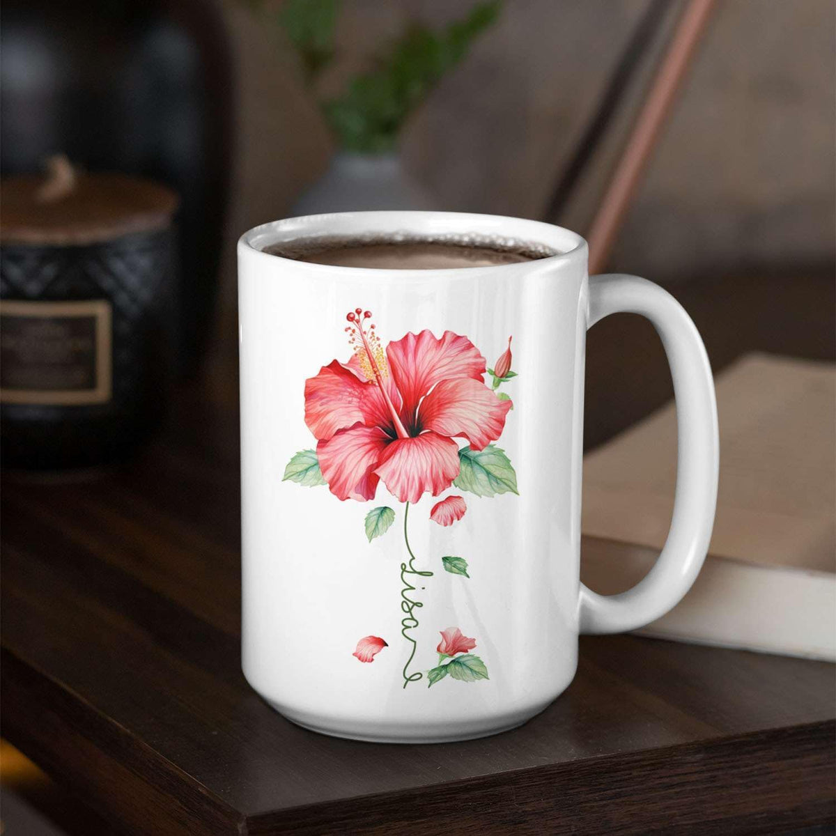 Personalized Hibiscus Blossom Design Mug, Custom Name Vibrant Flower Coffee Cup, Customized Mug For