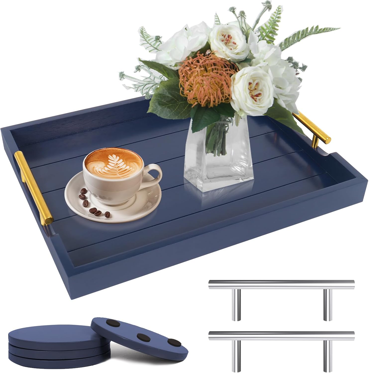 Coffee Table Tray - Large Ottoman Tray for Living Room - Wood Serving Tray with Handles(2 Sets)