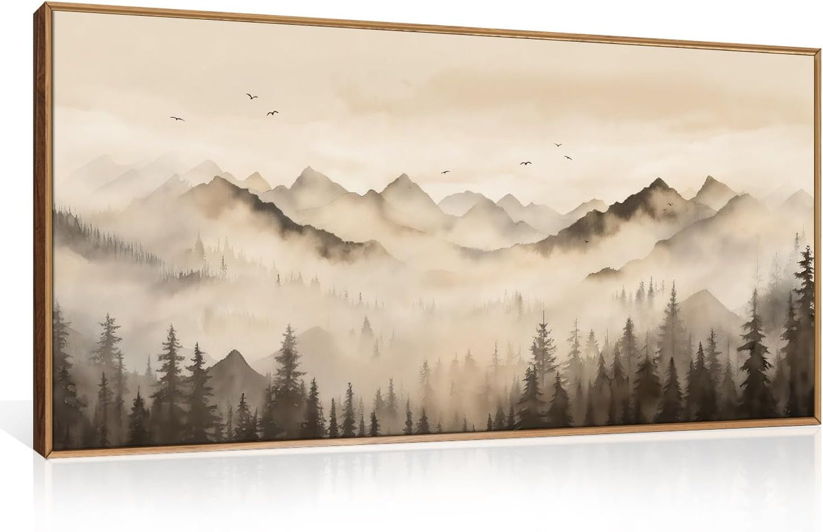 Nature Misty Forest Framed Canvas Wall Art Set, Foggy Landscape Wall Decor, Watercolor Pine Tree