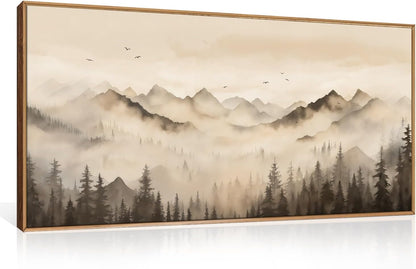 Nature Misty Forest Framed Canvas Wall Art Set, Foggy Landscape Wall Decor, Watercolor Pine Tree