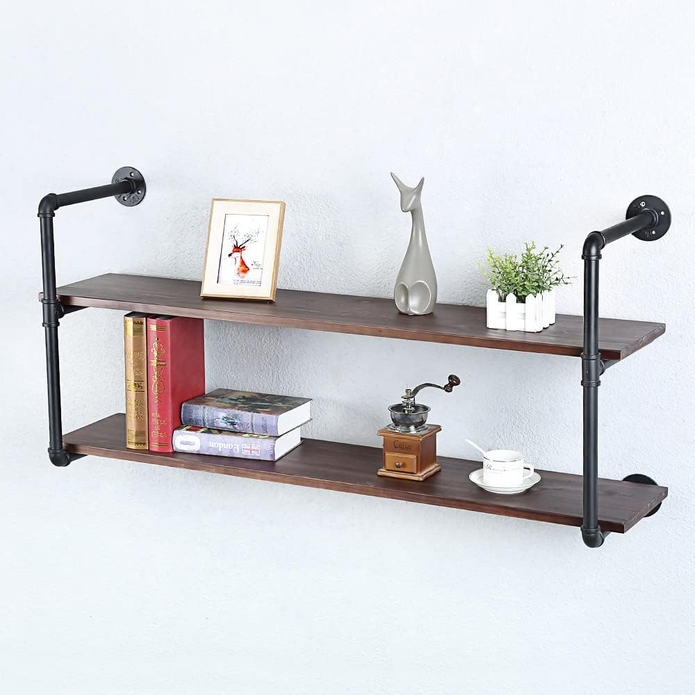 Industrial Pipe Shelving Wall Mounted,48in Rustic Metal Floating Shelves,Steampunk Real Wood Book