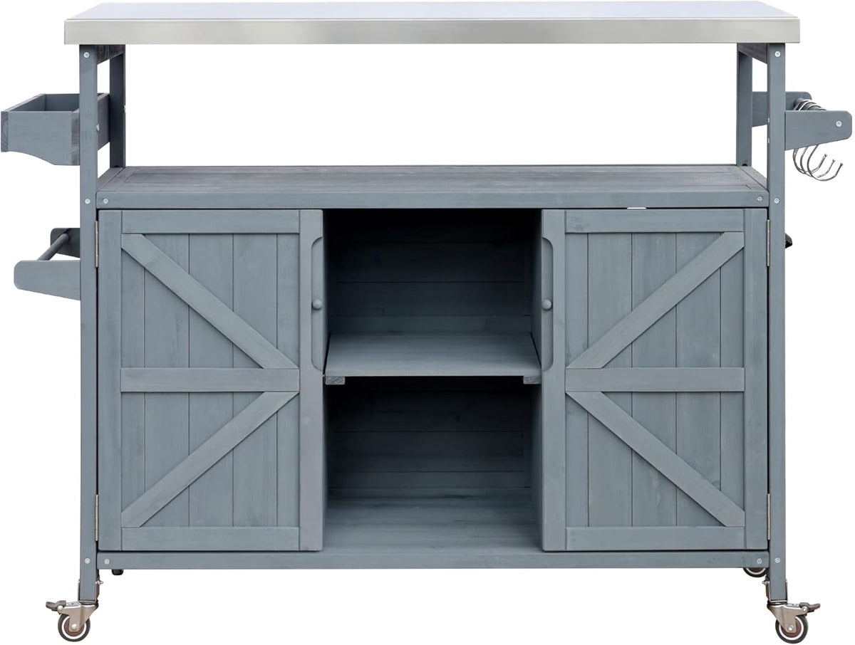 Outdoor Solid Wood Grill Table with Stainless Steel Top, Farmhouse Kitchen Island with Storage
