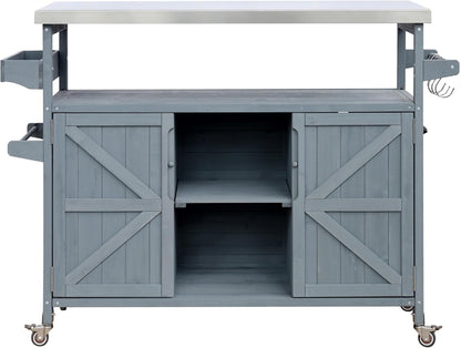 Outdoor Solid Wood Grill Table with Stainless Steel Top, Farmhouse Kitchen Island with Storage