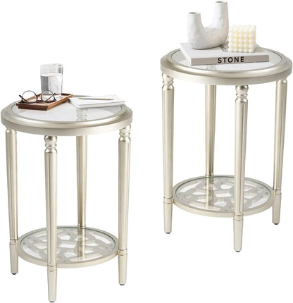 COSIEST Set of 2 Modern Round End Table, 2-Tier Glass Side Table with Glass Tabletop, Wood Accent