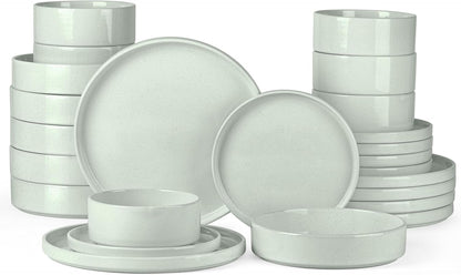 Onader Stoneware Dinnerware Sets for 6 with Double Bowl, 24 Piece Plates and Bowls Dish Dinner Set