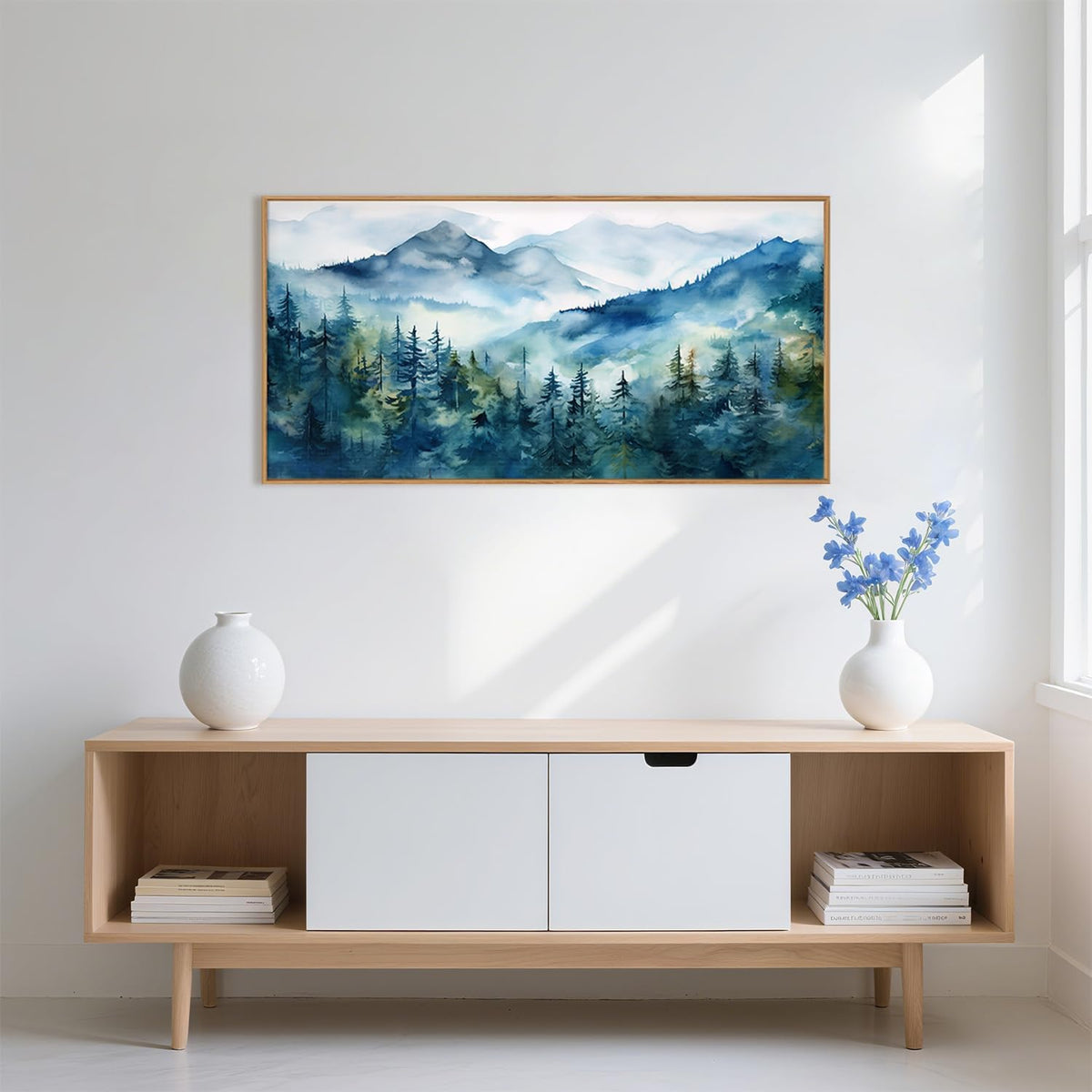 Celestdeco Blue Ridge Mountains Forest Framed Canvas Wall Art Set, Natural Landscape Wall Decor