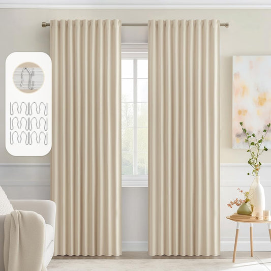 MIULEE Back Tab Cream Beige Curtains 84 Inch Length 2 Panels Set for Living Room Bedroom, Ivory Rod