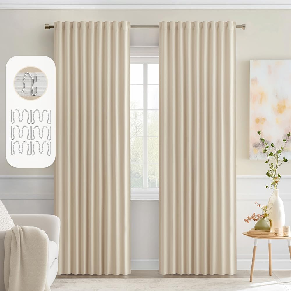MIULEE Back Tab Cream Beige Curtains 90 Inch Long 2 Panels Set for Living Room Bedroom, Ivory Rod