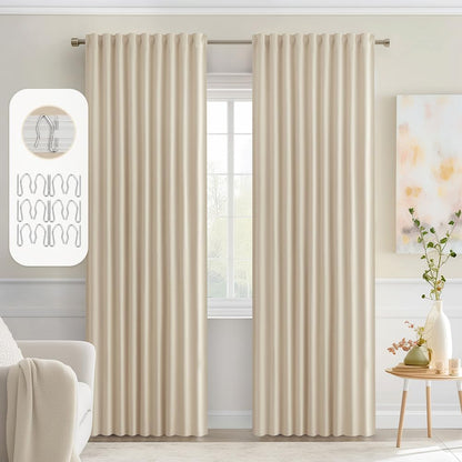 MIULEE Back Tab Cream Beige Curtains 90 Inch Long 2 Panels Set for Living Room Bedroom, Ivory Rod