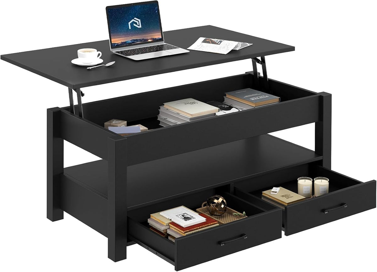 Rolanstar Coffee Table, Lift Top Coffee Table with Drawers and Hidden Compartment, Retro Central