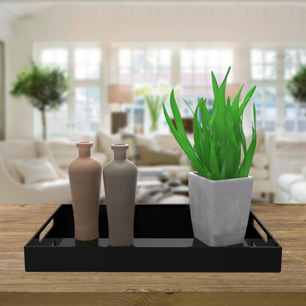 Black Acrylic Serving Tray for Vanity, Bathroom, Ottoman, Organizer and Decor with Handles