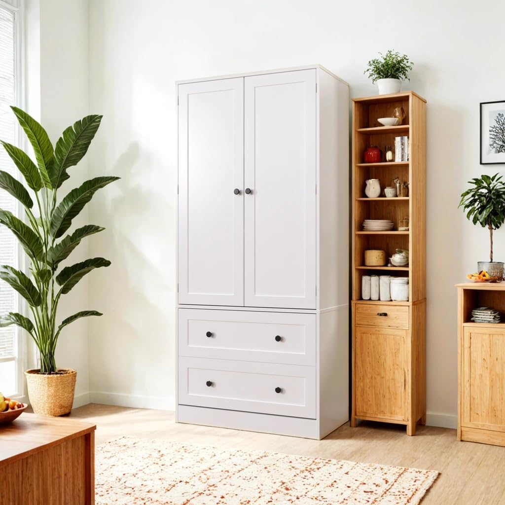 64.2" Tall White Kitchen Pantry, Storage Cabinet with Doors and Drawers, Freestanding Wooden
