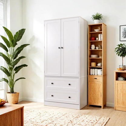 64.2" Tall White Kitchen Pantry, Storage Cabinet with Doors and Drawers, Freestanding Wooden